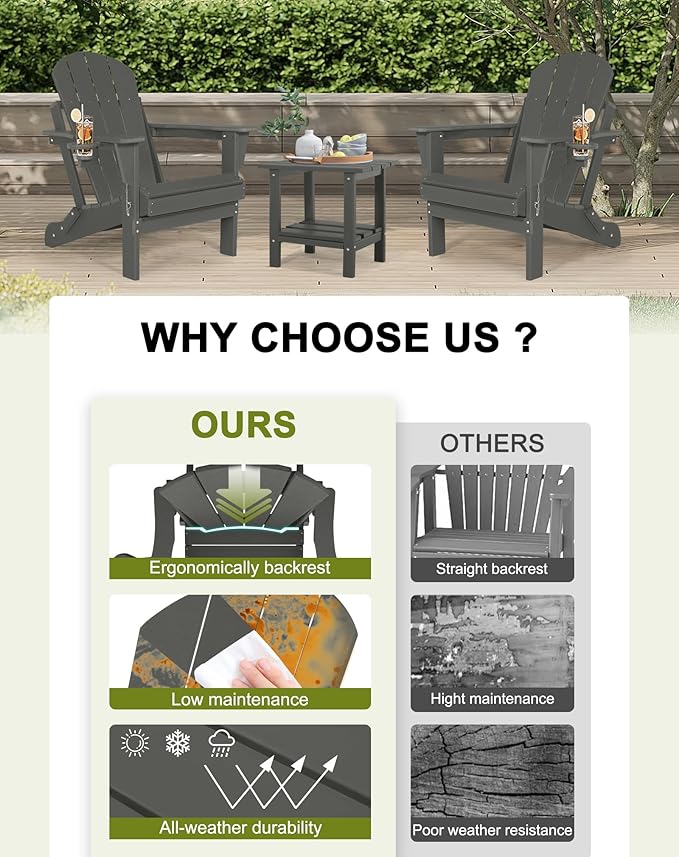 Folding Adirondack Chairs - Plastic Adirondack Chairs with Cup Holder, Weather Resistant for Outdoor, Patio, Lawn, Garden, Backyard Deck, Fire Pit - Dark Gray