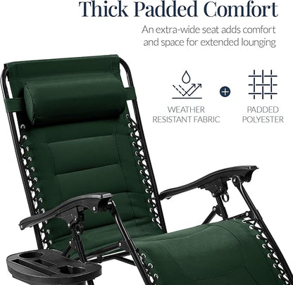 Best Choice Products Oversized Padded Zero Gravity Chair, Folding Outdoor Patio Recliner, XL Anti Gravity Lounger for Backyard w/Headrest, Cup Holder, Side Tray, Polyester Mesh - Forest Green