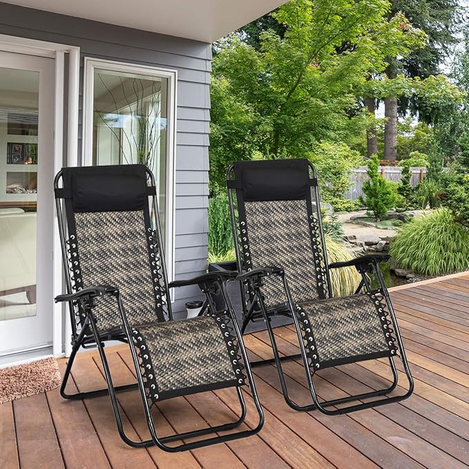 Tangkula Patio Rattan Zero Gravity Lounge Chair, Outdoor Folding Lounge Chair w/Removable Head Pillow, Adjustable Lounge with Widened Armrest & Locking System for Balcony Yard Poolside (1, Gray)