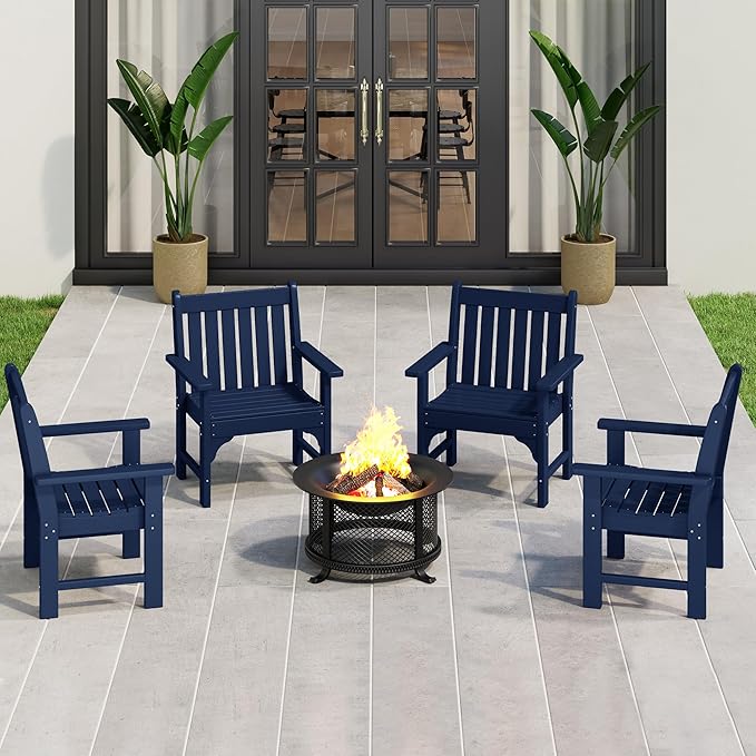 Costaelm Outdoor Dining Arm Chair, Patio HDPE Garden Dining Table Chair, Poly Lumber Waterproof Restaurant Bistro Farmhouse Chairs for Outside Porch Backyard, Navy Blue