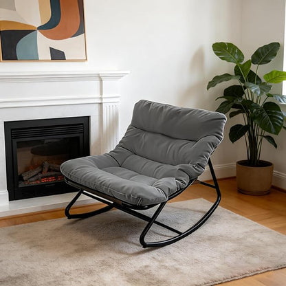 Oversized Papasan Rocking Chair with Cushion, 300 lbs Weight Capacity, Comfortable Indoor Outdoor Lounge Chair for Patio, Garden, Living Room & Bedroom – Gray