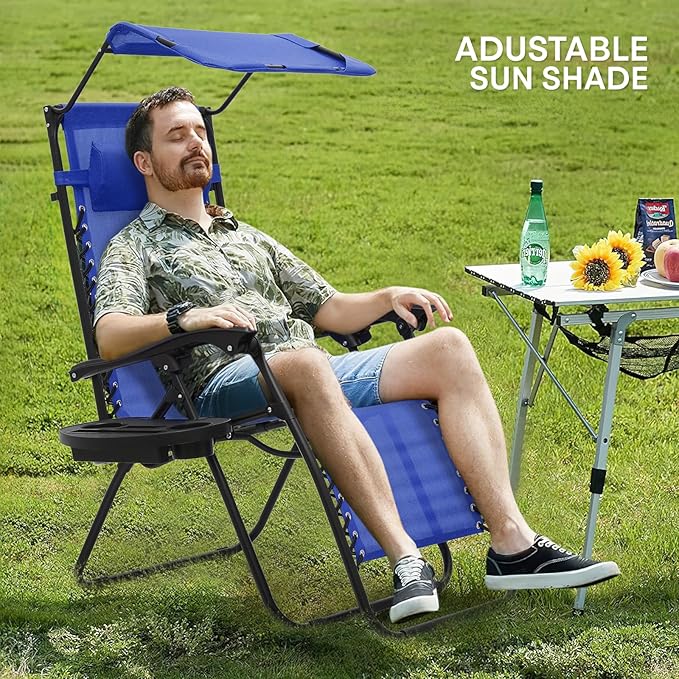 Athena Collection Patio Chairs Set of 2 Reclining Lounge Chair with Cup Holder and Pillow Fabric Camping Chairs with Canopy Foldable Beach Chairs for Garden, Park, Deck, Yard, Poolside, Blue