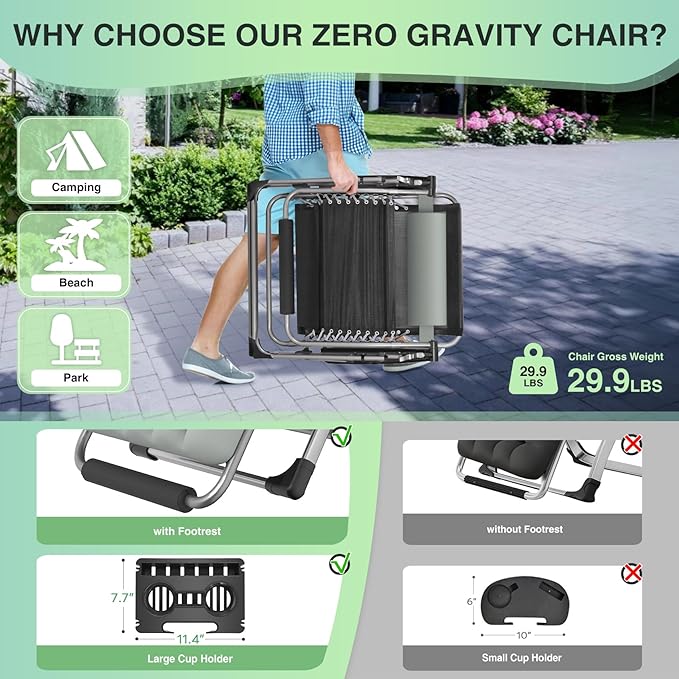 Suteck Oversized Zero Gravity Chair, 33In XXL Outdoor Recliner Chair w/Removable Cushion&Headrest - Photo 5
