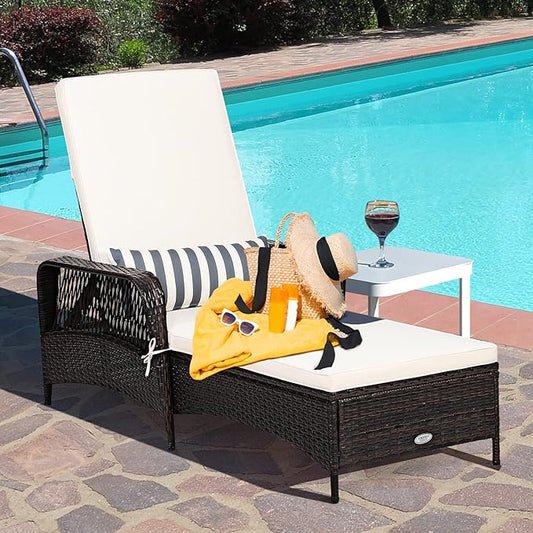 Tangkula Wicker Chaise Lounge Outdoor, Patio Rattan Reclining Chaise with 6-Gear Adjustable Backrest, Thick Padded Cushion & Removable Lumbar Pillow, Pool Lounge Chairs for Outside Balcony Backyard