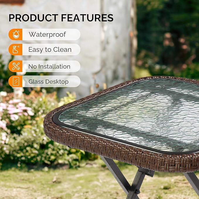 VINGLI 18in Modern Brown Rattan Folding Glass Outdoor Side Table, Small Patio Table with Tempered Glass Top,Rectangular,1 Pack