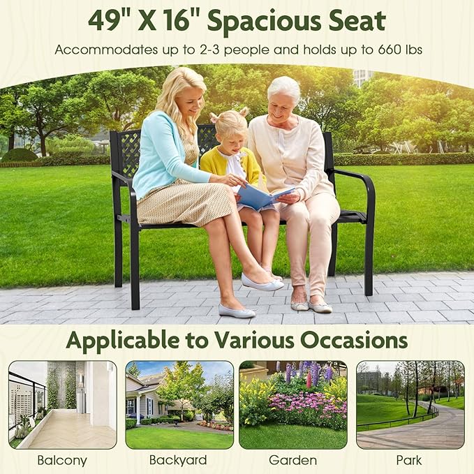 Giantex Metal Outdoor Bench with Mesh Pattern Backrest, Curved Armrests, Load 660Lbs, Slatted Seat for 2-3 Persons, Heavy-Duty Garden Bench for Patio, Backyard, Poolside, Porch, Park (50"×24"×33.5")