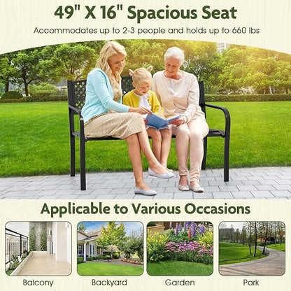 Giantex Metal Outdoor Bench with Mesh Pattern Backrest, Curved Armrests, Load 660Lbs, Slatted Seat for 2-3 Persons, Heavy-Duty Garden Bench for Patio, Backyard, Poolside, Porch, Park (50"×24"×33.5")