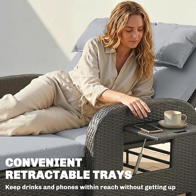 Outsunny Patio Rattan Daybed, Wicker Outdoor Daybed with Storage Ottoman, Loveseat Sofa with Adjustable Backrest, Side Tables, Cushions, Headrests, Double Sunbed Lounger for Balcony, Gray