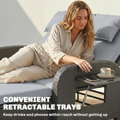 Outsunny Patio Rattan Daybed, Wicker Outdoor Daybed with Storage Ottoman, Loveseat Sofa with Adjustable Backrest, Side Tables, Cushions, Headrests, Double Sunbed Lounger for Balcony, Gray