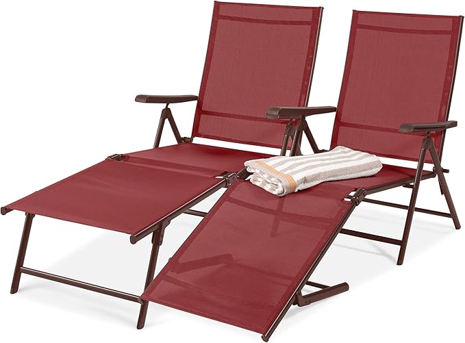 Best Choice Products Set of 2 Outdoor Patio Chaise Lounge Chair Adjustable Reclining Folding Pool Lounger for Poolside, Deck, Backyard w/Steel Frame, 250lb Weight Capacity - Red