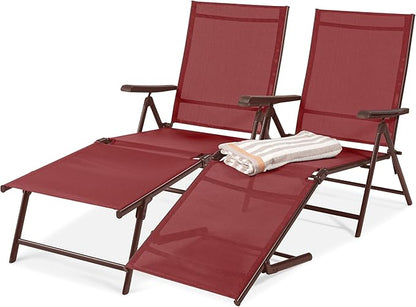 Best Choice Products Set of 2 Outdoor Patio Chaise Lounge Chair Adjustable Reclining Folding Pool Lounger for Poolside, Deck, Backyard w/Steel Frame, 250lb Weight Capacity - Red