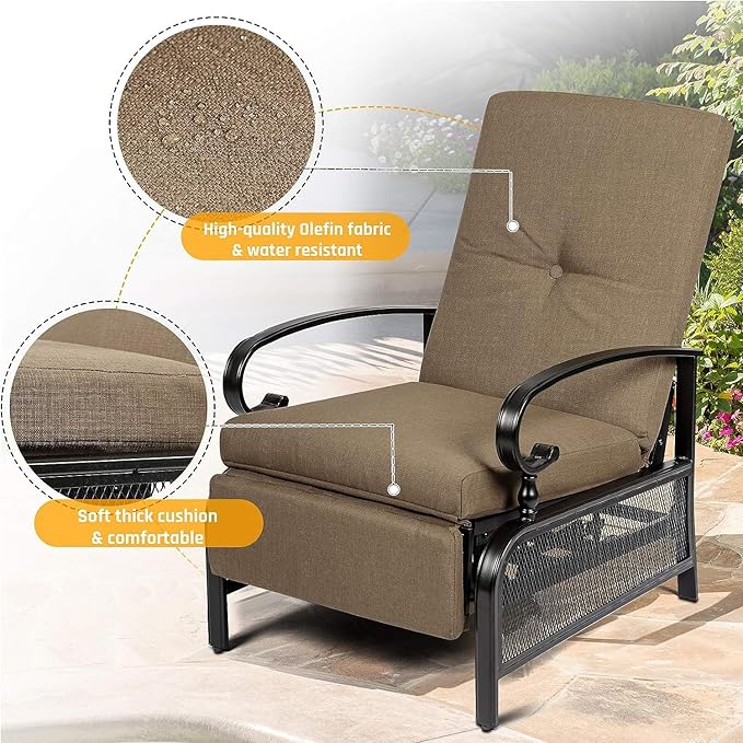 SUNCROWN Outdoor Adjustable Recliner Chair for Patio - A Relaxing Outdoor Metal Furniture Chair with Thick Cushion, Brown