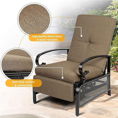 SUNCROWN Outdoor Adjustable Recliner Chair for Patio - A Relaxing Outdoor Metal Furniture Chair with Thick Cushion, Brown