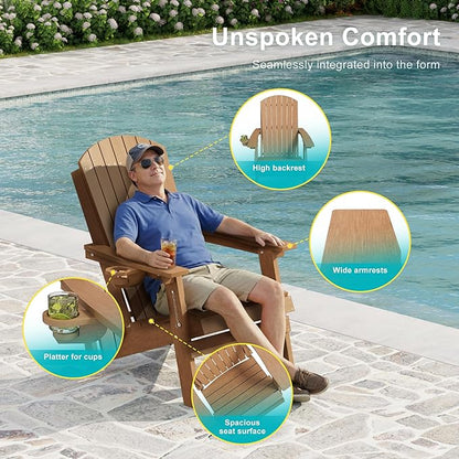 HDPE Foldable Adirondack Outdoor Chair Set of 2 with Cup Holder, Weather Resistant Heavy-Duty Patio Chair for Patio, Backyard, Deck, Fire Pit, Lawn and Porch, Teak