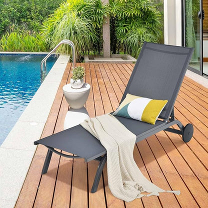Giantex Patio Chaise Lounges Aluminum Recliner W/Adjustable 6 Backrest Positions and Wheels for Patio Beach Poolside Deck Chair Lounge Chair (2, Grey)