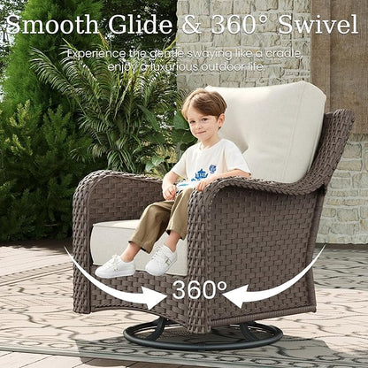 7 Piece Patio Furniture Set, All-Weather Wicker Outdoor Conversation Set with Swivel Rocking Chair and 6 Inch Thick Cushions
