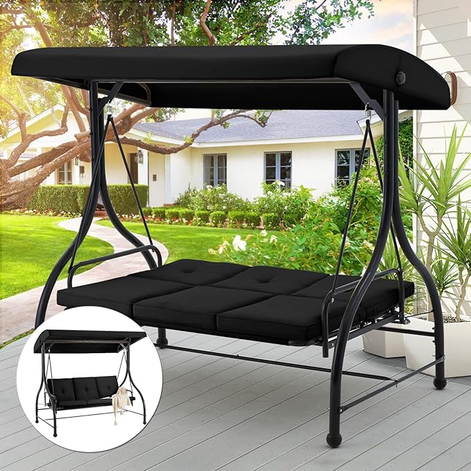 AECOJOY 3-Seat Outdoor Porch Swing with Adjustable Backrest and Canopy - Photo 6