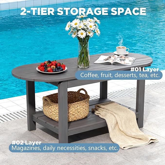 HIPS Coffee Table with Rounded Curved Sides Indoor Outdoor, Rustic Wood Desktop Easy Assembly Farmhouse Style, Suitable for Home Office Use. (Grey)