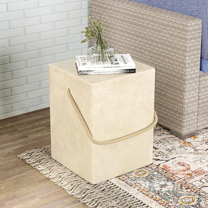 HOMPUS Outdoor Side Table w Hemp Rope Handle, Patio MgO Concrete Natural End Table, Square Accent Table - Photo 7