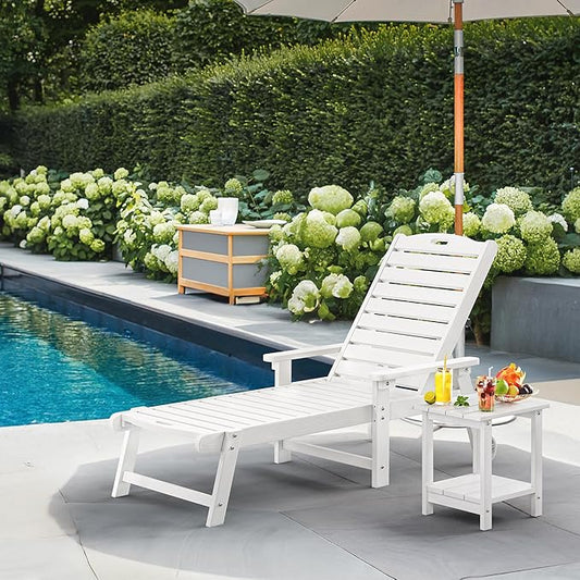 LUE BONA Lounge Chair Outdoor, HDPS Chaise Lounge Outdoor with Wheels, 5 Positions Adjustable Pool Lounger Chairs for Outside, Patio, White