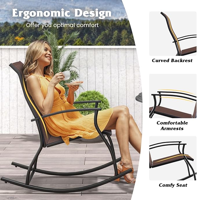 Giantex Outdoor Rocking Chair Set of 2 - Patio Rocking Chairs w/Breathable Backrest, Sturdy Metal Frame & Safe Ergonomic Design, Cozy Fabric Rocker for Backyard, Poolside, 330 lbs, Brown