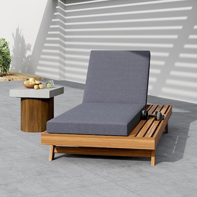 2-Piece Patio Lounge Chair Set with Side Space, Outdoor Chaise Lounge Adjustable & Breathable Acacia Wood Frame, Water-Resistant Cushions(Dark Gray & 4 Inch Thick & Double FOLD)