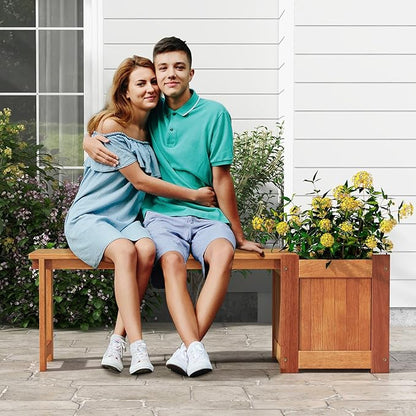Bench with Planter Box, 2 in 1 Wooden Flower Box Kit with Seat, Open-Ended Base & Slotted Construction, Outdoor Plant Container for Garden, Yard, Balcony (Natural)