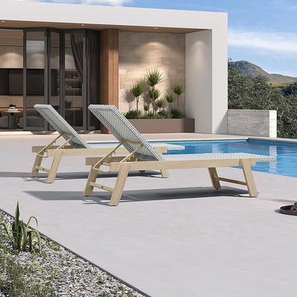 PURPLE LEAF Extra Large Patio Chaise Lounge 2 Pieces French Outdoor Wicker Lounger Matte White Aluminum Frame 771LBS Capacity PE Rattan Adjustable Backrest for Pool Garden Beach Backyard Light Blue