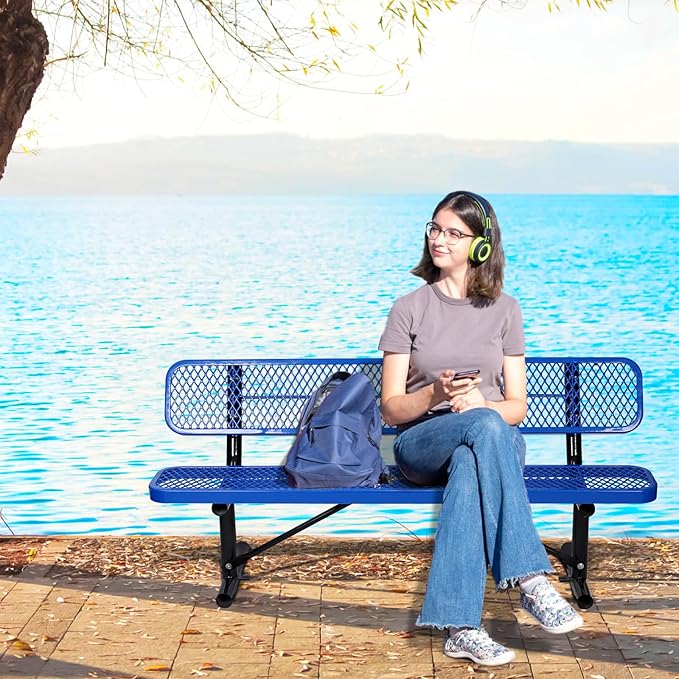 6Ft Outdoor Bench with Blue Portable Frame, Outdoor Steel Park Bench with Backrest, Expanded Metal Mesh Bench for Outside, Lawn, Backyard, Park, Deck, Garden, Patio, Porch, Blue