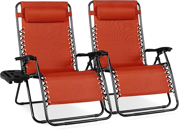Best Choice Products Set of 2 Extra Wide Adjustable Steel Mesh Zero Gravity Lounge Chair Recliners w/Pillows and Cup Holder Trays - Burnt Orange