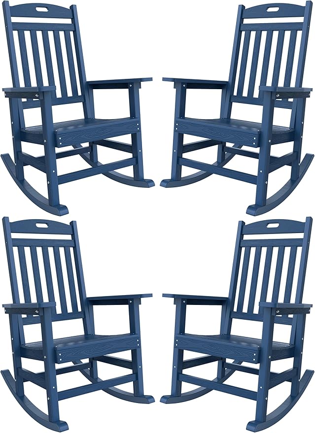 YEFU Outdoor Rocking Chairs Set of 4: Porch Rocking Chairs-Outdoor Patio Rockings Chair-Oversized Rocker Chair-All Weather Poly Rocker Lawn Chair for Adult-Seat Area 22"x21"-Backrest Height 31"-Navy