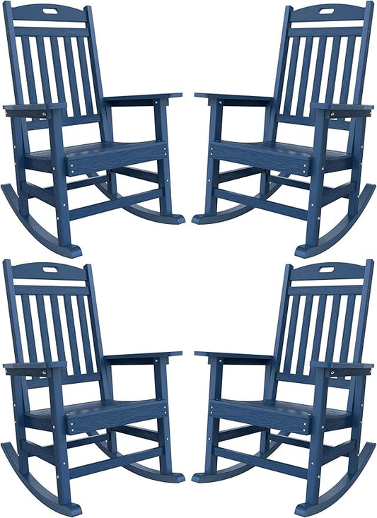 YEFU Outdoor Rocking Chairs Set of 4: Porch Rocking Chairs-Outdoor Patio Rockings Chair-Oversized Rocker Chair-All Weather Poly Rocker Lawn Chair for Adult-Seat Area 22"x21"-Backrest Height 31"-Navy