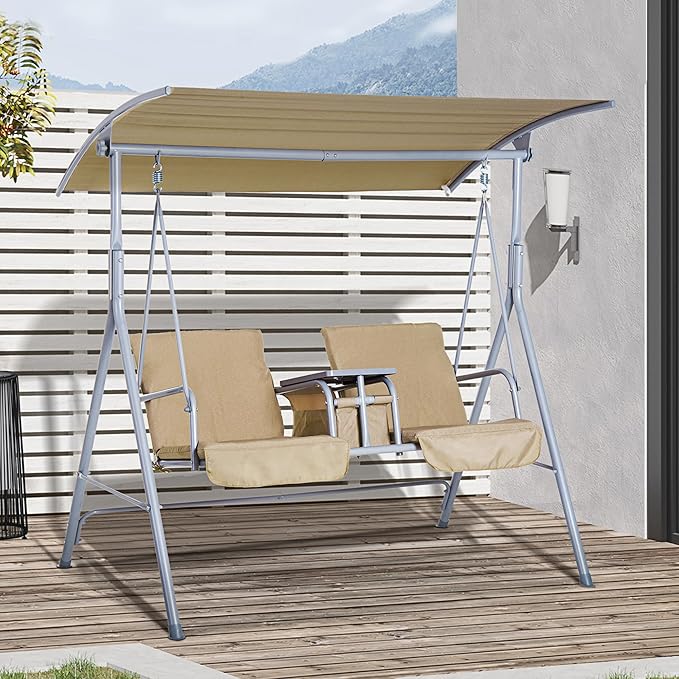 Outsunny 2 Person Porch Swing with Stand, Outdoor Swing with Canopy, Pivot Storage Table, 2 Cup Holders - Photo 2