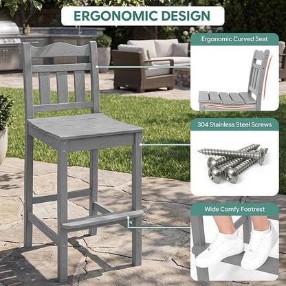 Outdoor Bar Stools Set of 2, HDPE Tall Adirondack Bar Chairs 27.5 Inch Seat Height w/Backrest, All Weather Patio Bar Height Chairs for Bistro Balcony Deck Poolside (Slate Grey)