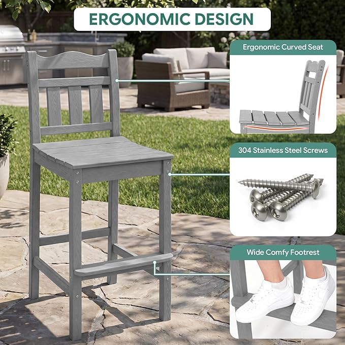 3-Piece Outdoor Bar Set, HDPE Adirondack Bar Height Chairs Set of 2 and Round Bar Table - Photo 5