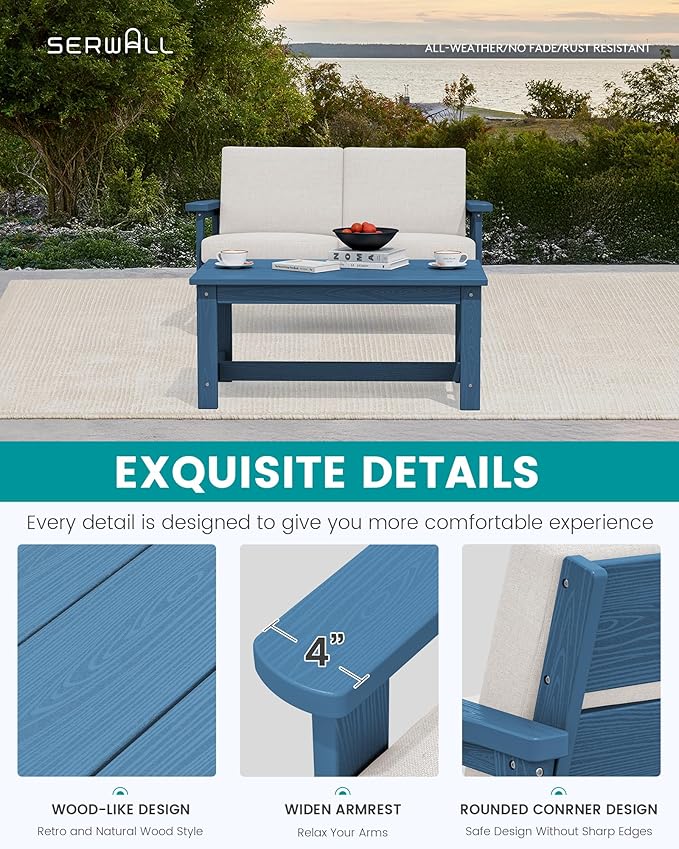SERWALL Outdoor Loveseat, Blue Frame and Khaki Cushion - Photo 4