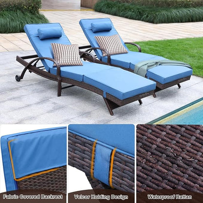 NOBLEMOOD Outdoor Lounge Chairs Set of 6 Beach Wicker Chaise Lounge with Wheels, Cushion, Adjustable Backrest and Pillow for Outside Pool Sun Shelf Tanning Bathing (Blue)