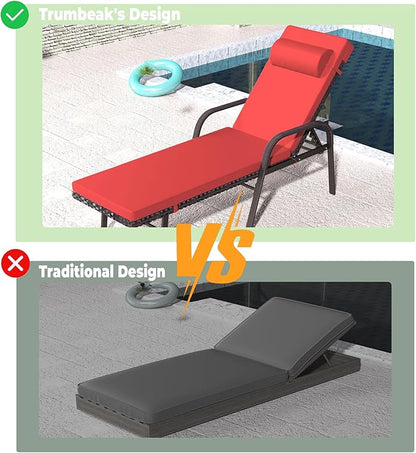 Patio Chaise Lounge Set 3 Pieces Pool Lounge Chairs,Cushioned Outdoor Folding Lounge Chair w/Arm and Rattan Adjustable Backrest for Poolside Porch,Folding Table Included,Red