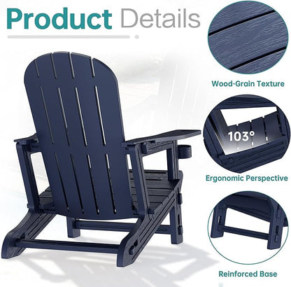 Shintenchi Adirondack Chairs Set of 2,HDPE Adirondack Chair w/Removable Tablelop & Umbrella Hole,All-Weather Wooden Textured Plastic Outdoor Chairs w/Cup Holder for Garden Backyard Pool,Dark Blue