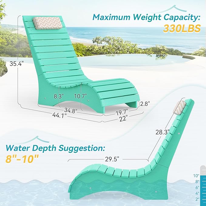HDPS Pool Lounge Chairs Set of 4, Use in Pools Lounge Chairs up to 10-Inches of Water, Chaise Chairs with Headrest, Lounge Chair Outdoor, Fade-Resistant Pool Lounger for Deck