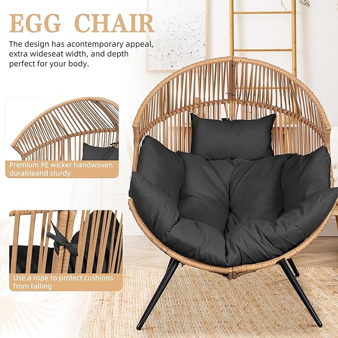 SUNLEI Outdoor Wicker Egg Chair PE Rattan Chair with Cushion, Oversized Patio Lounge Chair for Outdoor, Indoor, Balcony, Backyard, Black