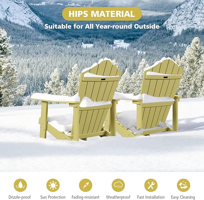 Tangkula Oversized Adirondack Chair, Patio Lounge Chairs w/Adjustable Cup Holder, HIPS Armchairs Slatted Chair, Outdoor Weather Resistant Fire Pit Chair for Deck Backyard Garden Porch (4, Yellow)