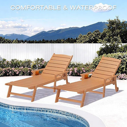 Outdoor Chaise Lounge Chair with Wheels, 6.3ft Full-Length Patio Pool Lounge Chairs,5-Position Adjustable Backrest (Flat Recline), Flip-Down Side Tray,HIPS All-Weather for Poolside, Deck,Beach