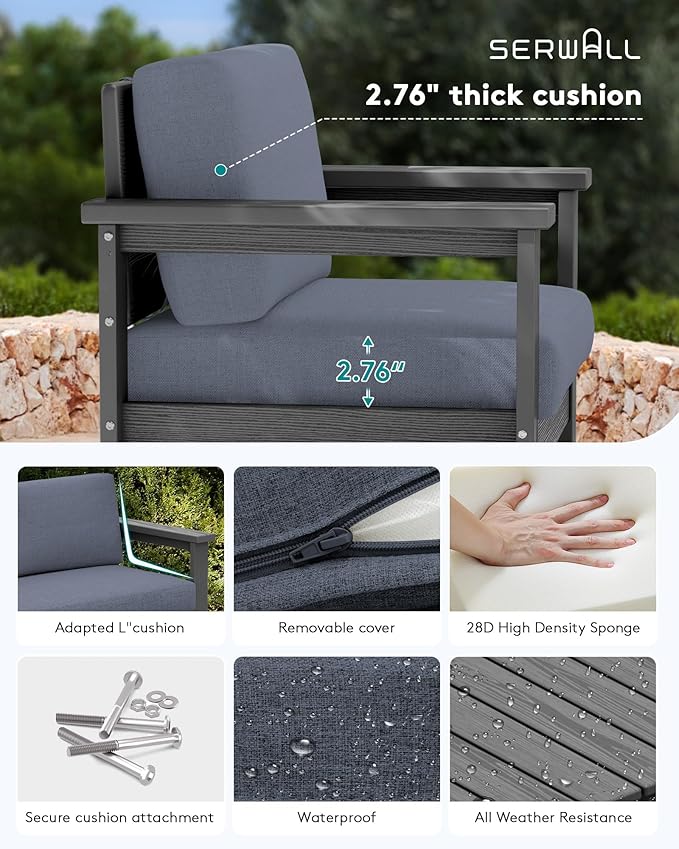 SERWALL 2 Pieces Single Cushioned Sofa Armchair, Grey HDPE Adirondack Outdoor Sofa Lounge with Grey Cushion