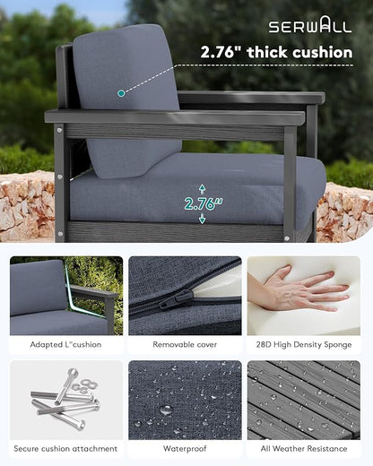 SERWALL 2 Pieces Single Cushioned Sofa Armchair, Grey HDPE Adirondack Outdoor Sofa Lounge with Grey Cushion