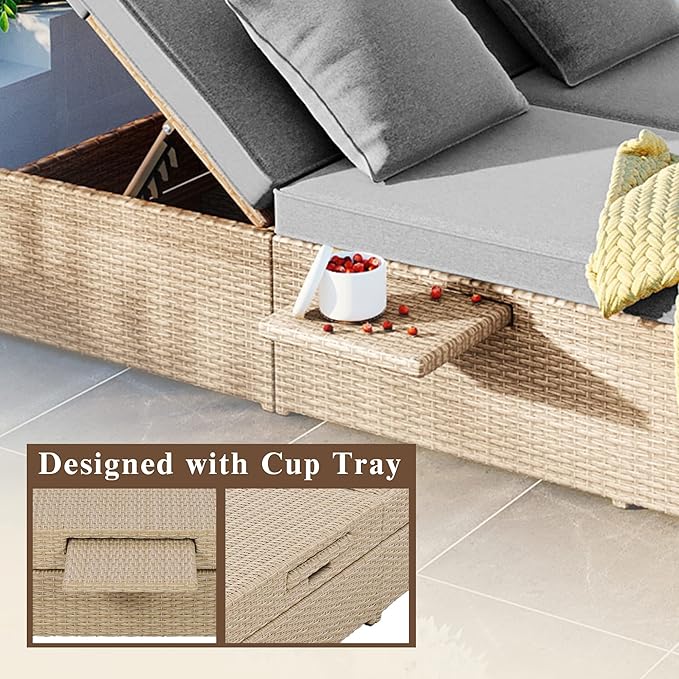 Patio Rattan Sunbed, All Weather Outdoor Wicker Double Daybed with Adjustable Backrest and Cup Tray - Photo 5