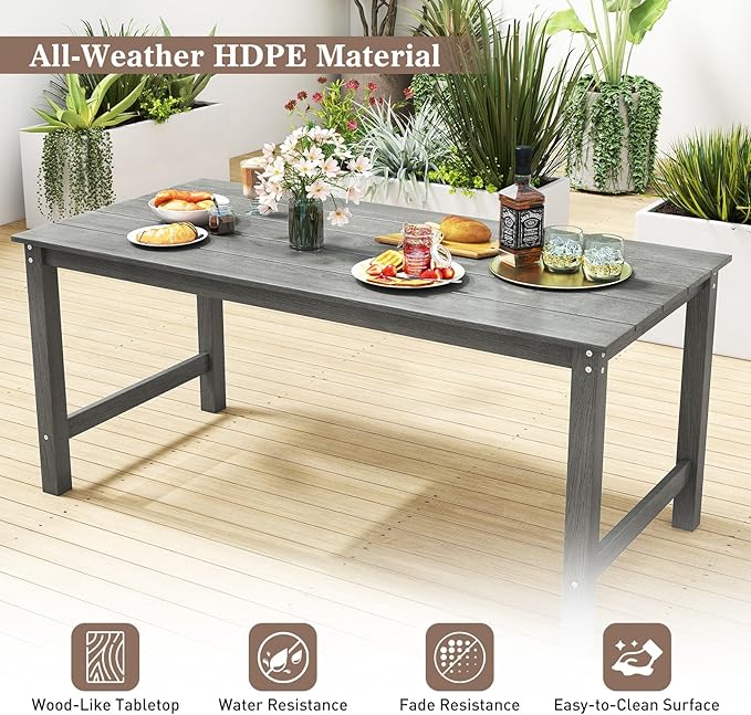 Tangkula 3 Pieces Outdoor HDPE Dining Table Set with 2 Benches, Weather Resistant Patio Furniture Set with 1.77” Umbrella Hole and Wood-Like Surface for Garden, Backyard and Poolside (Gray, 3 Pcs)