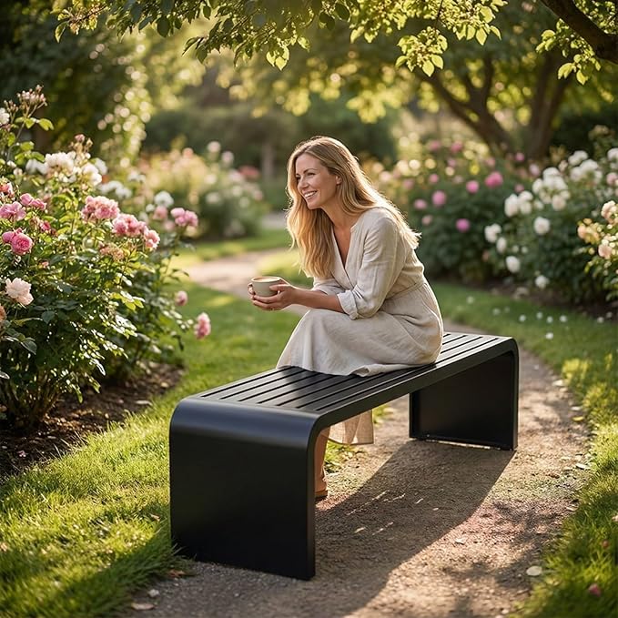 Metal Garden Bench, 100/120/150/180 Cm Outdoor Benches Weatherproof 2-5 Person, Patio Benches for Outdoors Cast Iron Metal Frame, Patio Lawn Porch Bench Seat Backless(Orange,100 cm/39.37 in)
