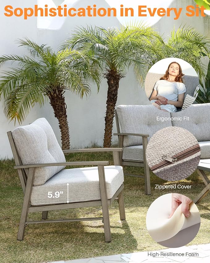 Aluminum Patio Furniture Set, 3 Pieces Outdoor Patio Bistro Set with Washable Thick Cushions, All Weather Outdoor Conversation Sets with Coffee Table for Backyard, Balcony, Lawn, Limed Oak