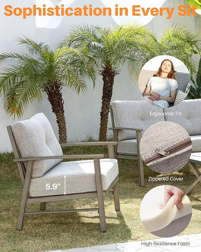 Aluminum Patio Furniture Set, 3 Pieces Outdoor Patio Bistro Set with Washable Thick Cushions, All Weather Patio Conversation Set with Coffee Table for Porch, Balcony, Lawn, Limed Oak